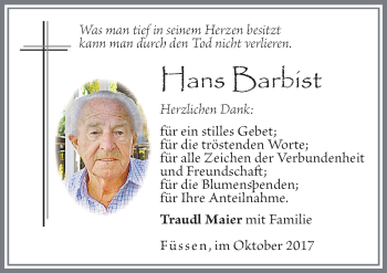 Traueranzeige von Hans Barbist von Allgäuer Zeitung, Füssen
