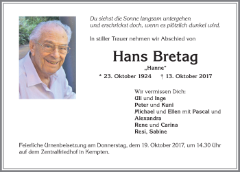 Traueranzeige von Hans Bretag von Allgäuer Zeitung,Kempten