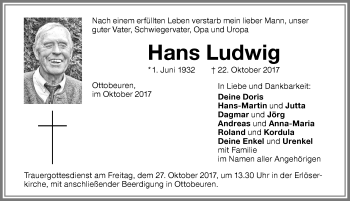 Traueranzeige von Hans Ludwig von Memminger Zeitung
