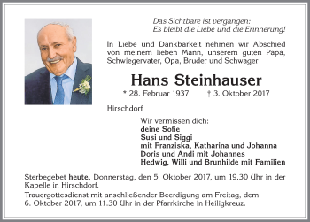 Traueranzeige von Hans Steinhauser von Allgäuer Zeitung,Kempten