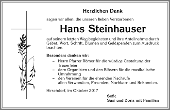 Traueranzeige von Hans Steinhauser von Allgäuer Zeitung,Kempten