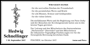 Traueranzeige von Hedwig Schnellinger von Allgäuer Anzeigeblatt