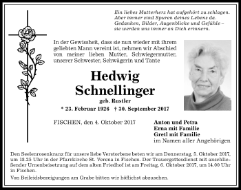 Traueranzeige von Hedwig Schnellinger von Allgäuer Anzeigeblatt