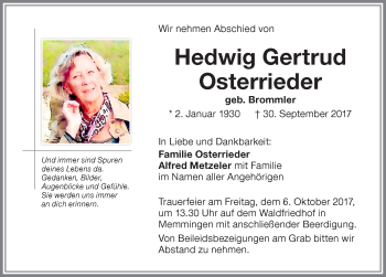 Traueranzeige von Hedwig Gertrud Osterrieder von Memminger Zeitung