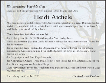 Traueranzeige von Heidi Aichele von Der Westallgäuer