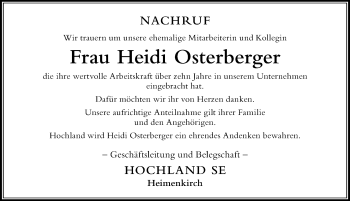 Traueranzeige von Heidi Osterberger von Der Westallgäuer