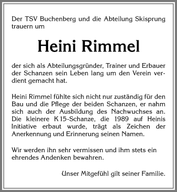 Traueranzeige von Heini Rimmel von Allgäuer Zeitung,Kempten