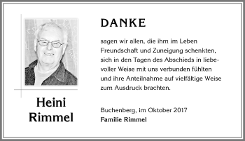 Traueranzeige von Heini Rimmel von Allgäuer Zeitung,Kempten