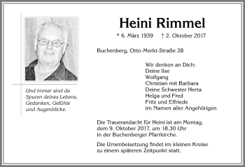 Traueranzeige von Heini Rimmel von Allgäuer Zeitung,Kempten