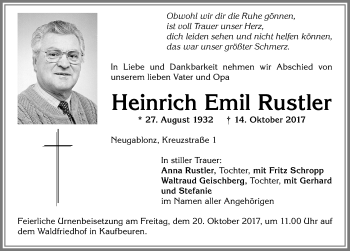 Traueranzeige von Heinrich Emil Rustler von Allgäuer Zeitung, Kaufbeuren/Buchloe