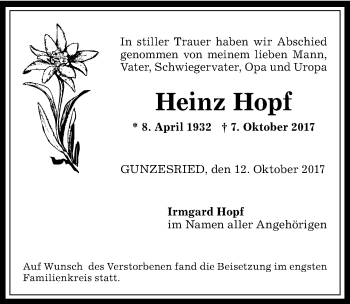 Traueranzeige von Heinz Hopf von Allgäuer Anzeigeblatt