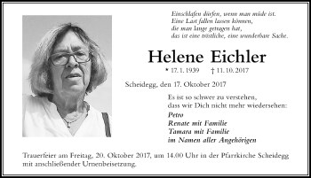 Traueranzeige von Helene Eichler von Der Westallgäuer