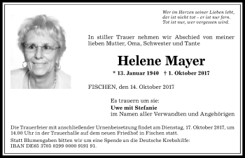 Traueranzeige von Helene Mayer von Allgäuer Anzeigeblatt