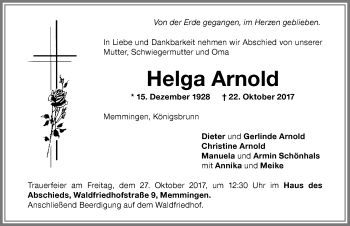 Traueranzeige von Helga Arnold von Memminger Zeitung