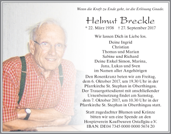Traueranzeige von Helmut Breckle von Allgäuer Zeitung, Marktoberdorf