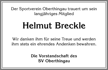 Traueranzeige von Helmut Breckle von Allgäuer Zeitung, Marktoberdorf