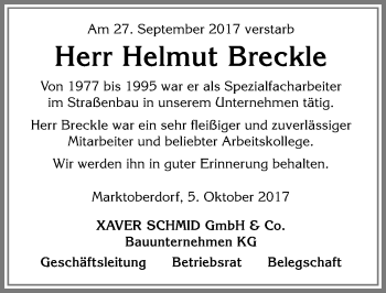Traueranzeige von Helmut Breckle von Allgäuer Zeitung, Marktoberdorf