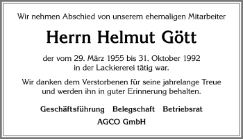 Traueranzeige von Helmut Gött von Allgäuer Zeitung, Marktoberdorf
