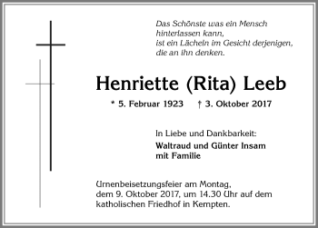 Traueranzeige von Henriette Rita Leeb von Allgäuer Zeitung,Kempten