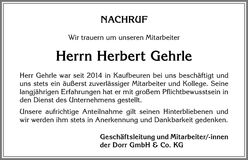  Traueranzeige für Herbert Gehrle vom 25.10.2017 aus Allgäuer Zeitung, Kaufbeuren/Buchloe