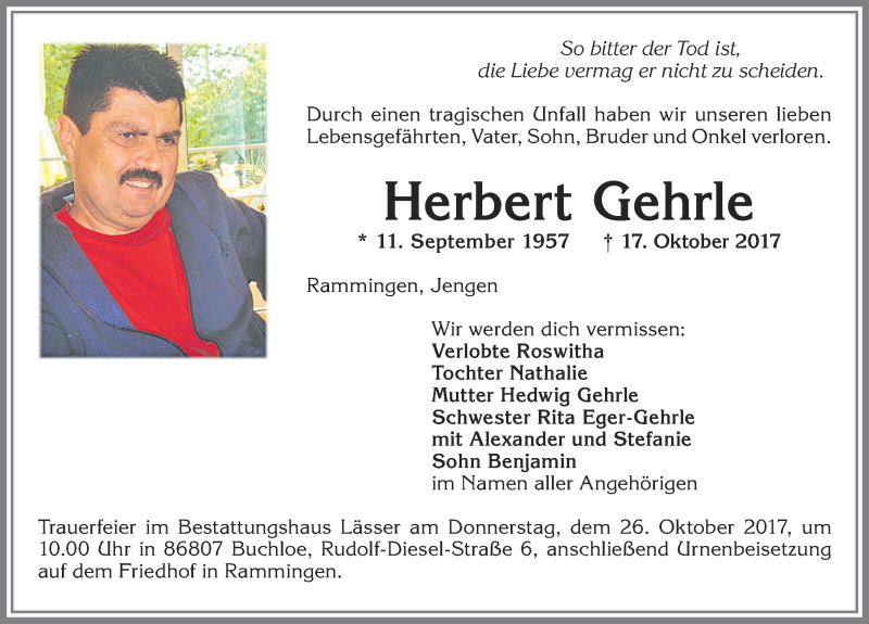  Traueranzeige für Herbert Gehrle vom 23.10.2017 aus Allgäuer Zeitung