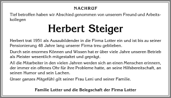 Traueranzeige von Herbert Steiger von Allgäuer Zeitung, Füssen
