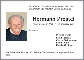 Traueranzeige von Hermann Prestel von Allgäuer Zeitung,Kempten
