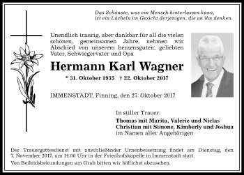 Traueranzeige von Hermann Karl Wagner von Allgäuer Anzeigeblatt