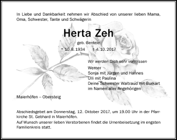 Traueranzeige von Herta Zeh von Der Westallgäuer