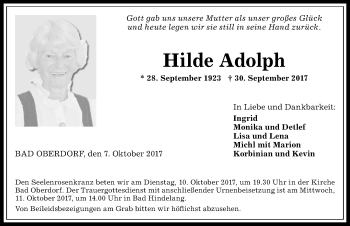Traueranzeige von Hilde Adolph von Allgäuer Anzeigeblatt