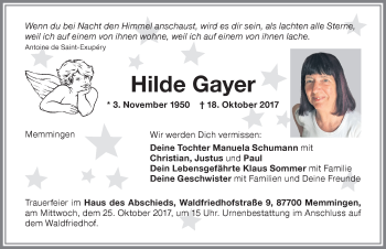 Traueranzeige von Hilde Gayer von Memminger Zeitung