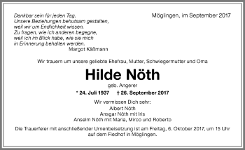 Traueranzeige von Hilde Nöth von Memminger Zeitung