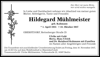 Traueranzeige von Hildegard Mühlmeister von Allgäuer Anzeigeblatt