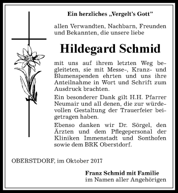 Traueranzeige von Hildegard Schmid von Allgäuer Anzeigeblatt