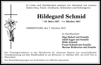 Traueranzeige von Hildegard Schmid von Allgäuer Anzeigeblatt