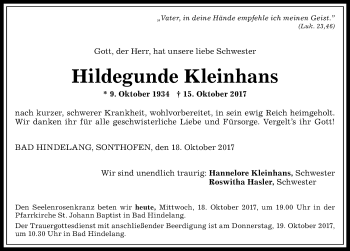 Traueranzeige von Hildegunde Kleinhans von Allgäuer Anzeigeblatt