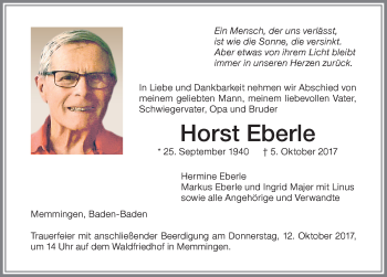 Traueranzeige von Horst Eberle von Memminger Zeitung