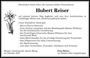 Traueranzeige von Hubert Reiser von Allgäuer Anzeigeblatt