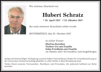 Traueranzeige von Hubert Schratz von Allgäuer Anzeigeblatt