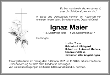 Traueranzeige von Ignaz Maier von Memminger Zeitung