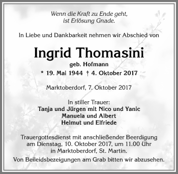 Traueranzeige von Ingrid Thomasini von Allgäuer Zeitung, Marktoberdorf