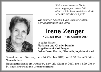 Traueranzeige von Irene Zenger von Allgäuer Zeitung, Kaufbeuren/Buchloe