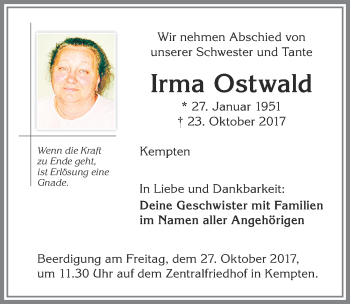 Traueranzeige von Irma Ostwald von Allgäuer Zeitung,Kempten