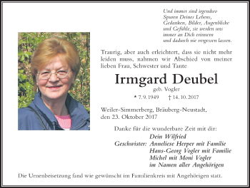 Traueranzeige von Irmgard Deubel von Der Westallgäuer