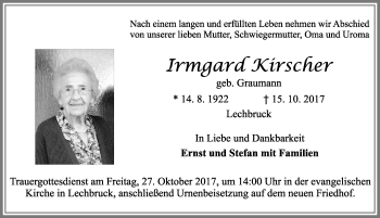 Traueranzeige von Irmgard Kirscher von Allgäuer Zeitung, Füssen