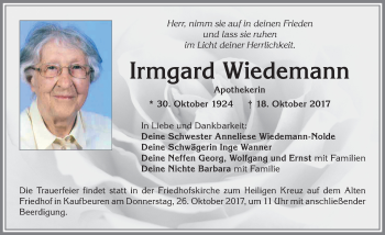 Traueranzeige von Irmgard Wiedemann von Allgäuer Zeitung, Kaufbeuren/Buchloe