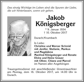 Traueranzeige von Jakob Königsberger von Allgäuer Zeitung,Kempten