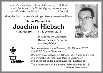 Traueranzeige von Joachim Hiebsch von Allgäuer Zeitung
