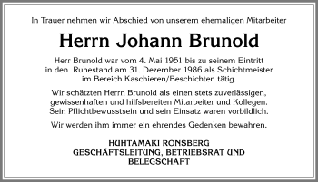 Traueranzeige von Johann Brunold von Allgäuer Zeitung, Marktoberdorf