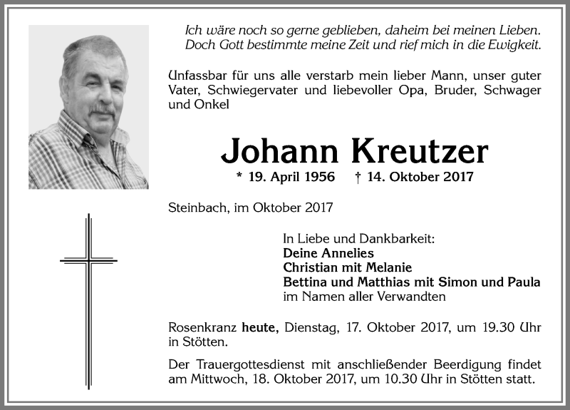  Traueranzeige für Johann Kreutzer vom 17.10.2017 aus Allgäuer Zeitung
